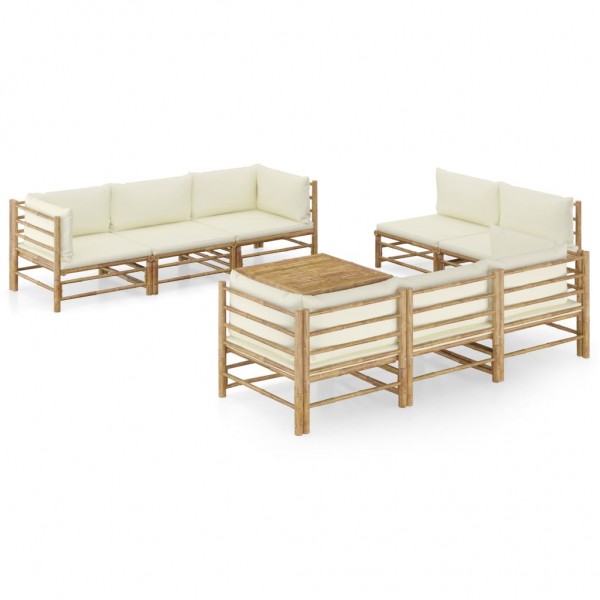 Set de muebles de jardín 9 piezas bambú y cojines blanco crema D