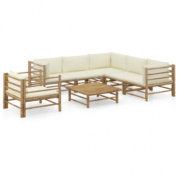 Set de mobília de jardim 7 peças de bambu e almofadas branco creme D