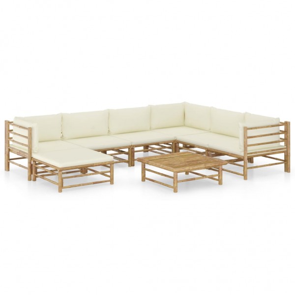 Set de muebles de jardín 8 piezas bambú y cojines blanco crema D