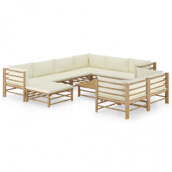 Set de mobiliário de jardim 10 peças de bambu e almofadas branco creme D