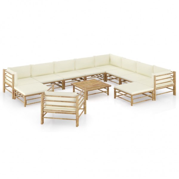 Conjunto de móveis de jardim 12 peças de bambu e almofadas branco creme D