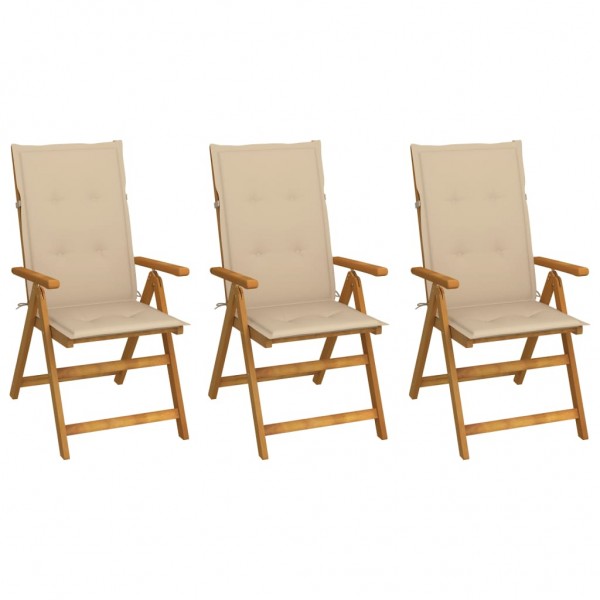 3 cadeiras dobráveis de jardim e almofadas em madeira de acácia maciça D