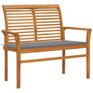 Banco de jardín madera maciza de teca con cojín gris 112 cm D