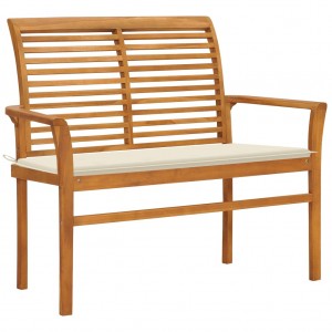 Banco de jardín madera maciza de teca con cojín crema 112 cm D