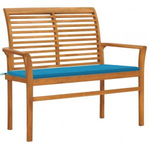 Banco de jardín madera maciza de teca con cojín azul 112 cm D