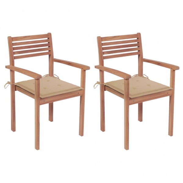 Cadeiras de jardim 2 peças em madeira maciça de teca com almofadas bege D