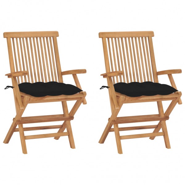 Cadeiras de jardim 2 peças em madeira maciça de teca com almofadas pretas D