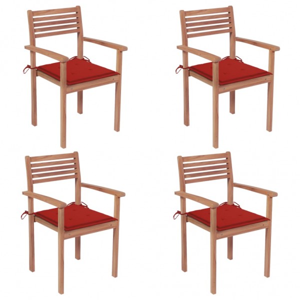 Quatro cadeiras de jardim de teca maciça com almofadas vermelhas D