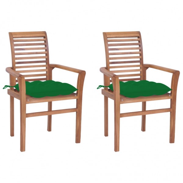 Cadeiras de jantar 2 peças em madeira maciça de teca com almofadas verdes D