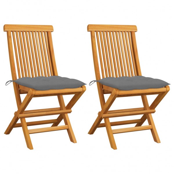 Cadeiras de jardim de madeira teca maciça com almofadas cinzentas D