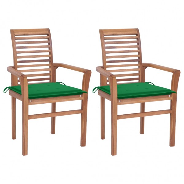 Cadeiras de jantar 2 peças em madeira maciça de teca com almofadas verdes D