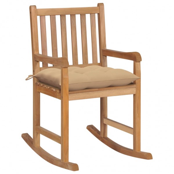 Cadeira de balanço de madeira maciça de teca com almofada beige D