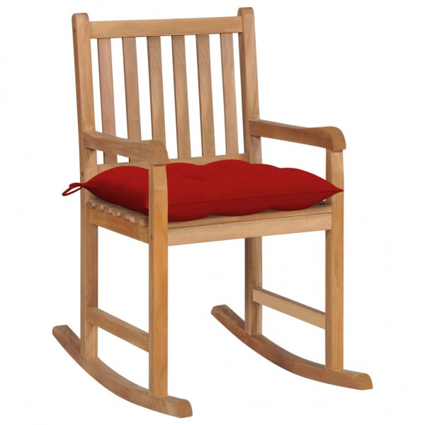 Cadeira de balanço em madeira maciça de teca com almofada vermelha D