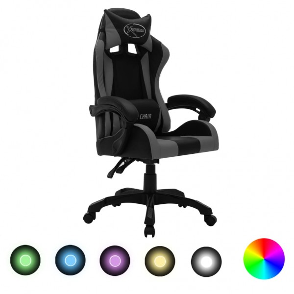 Cadeira de jogos com luzes LED RGB couro sintético cinza e preto D