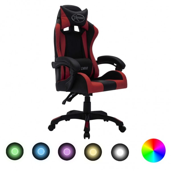 Cadeira gamer RGB LED luzes vinho e couro sintético preto D