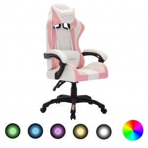 Cadeira de jogos com luzes LED RGB couro sintético rosa e preto D