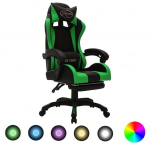 Cadeira de jogos com luzes LED RGB couro sintético verde e preto D