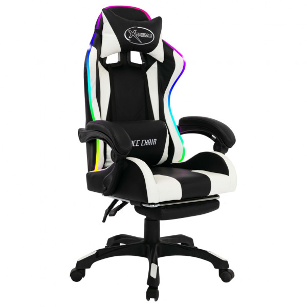 Silla gaming con luces LED RGB cuero sintético blanco y negro D