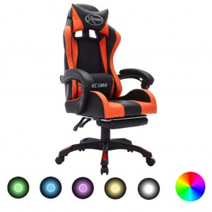 Cadeira de jogos com luzes LED RGB couro sintético laranja e preto D