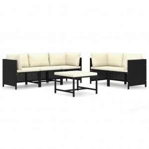 Set de muebles de jardín 6 pzas y cojines ratán sintético negro D