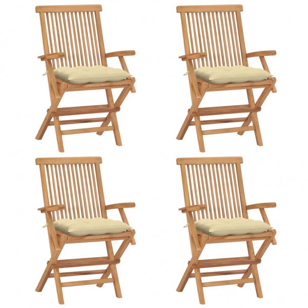 Quatro cadeiras de jardim de teca com almofadas de creme branco D