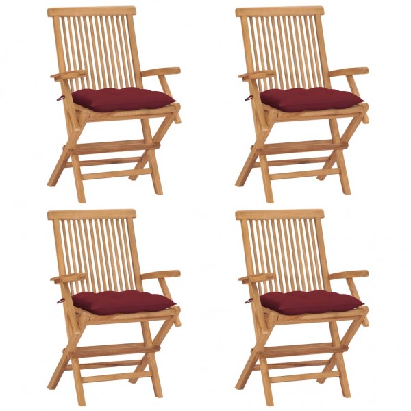 Cadeiras de jardim 4 unidades em madeira de teca com almofadas vermelhas D