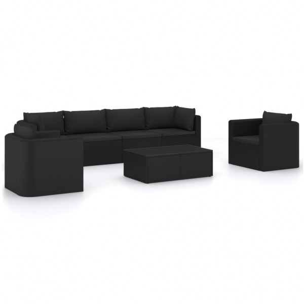 Set de mobiliário de jardim 7 peças e almofadas ratão sintético preto D