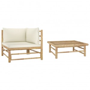 Set de muebles de jardín 2 piezas bambú y cojines blanco crema D