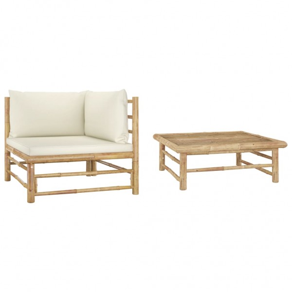 Set de muebles de jardín 2 piezas bambú y cojines blanco crema D