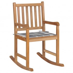 Silla mecedora de madera maciza teca con cojín a cuadros grises D