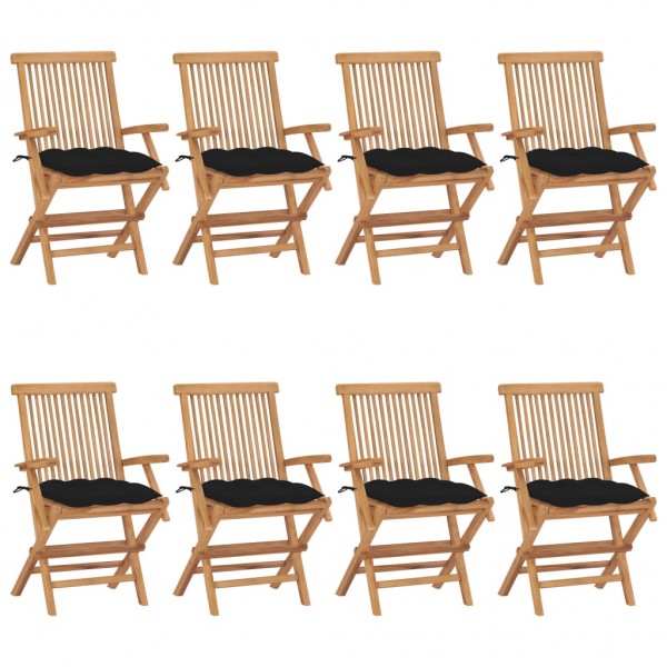 Cadeiras de jardim 8 peças em madeira maciça de teca com almofadas pretas D