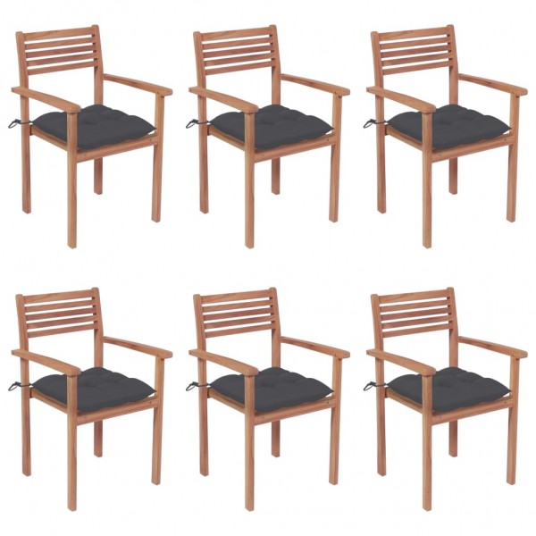 Cadeiras de jardim empilháveis 6 unidades em madeira de teca com almofadas D