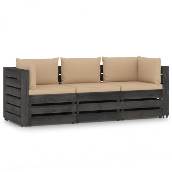 Sofá de palete de 3 lugares com almofadas em madeira de pinho impregnada cinza D