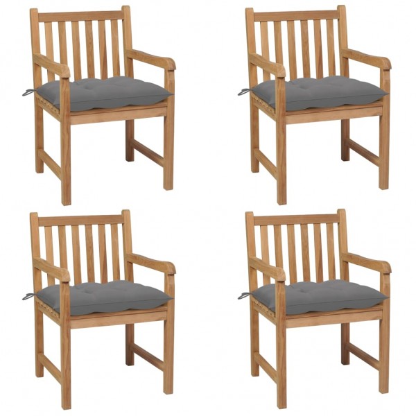 Quatro cadeiras de jardim de teca maciça com almofadas cinzentas D