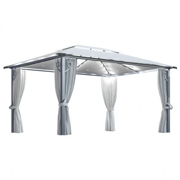Cenador con cortina y tira luces LED aluminio crema 400x300 cm D