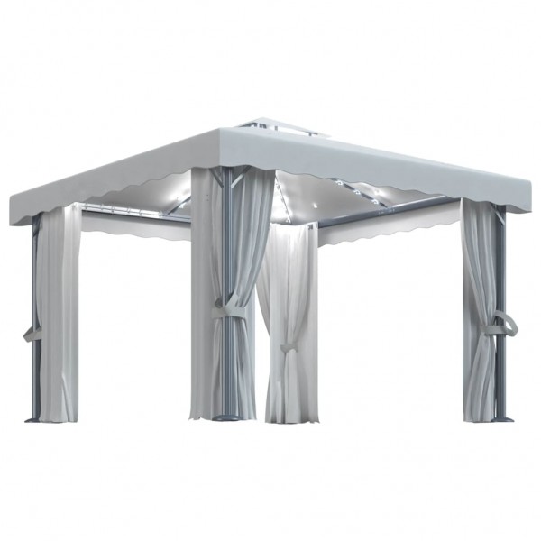 Cenador con cortina y tira de luces LED aluminio crema 3x3 m D