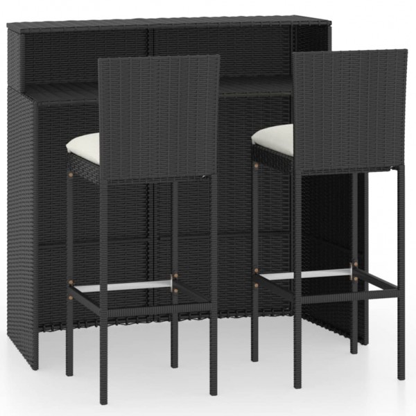 Set muebles de bar para jardín 3 piezas y cojines negro D