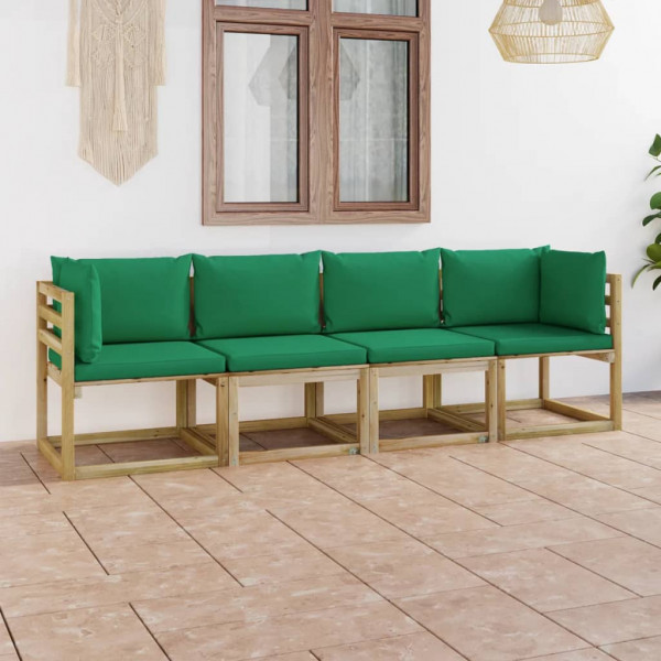 Sofá de jardim de 4 lugares com almofadas verdes D