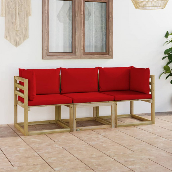 Sofá de jardín de 3 plazas con cojines rojos D