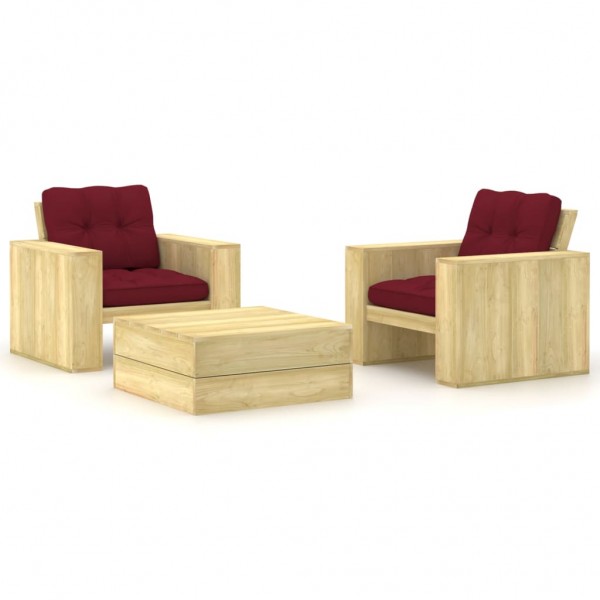 Conjunto de móveis e almofadas de jardim 3 peças em madeira de pinho impregnada D