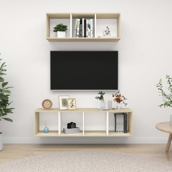 Muebles de pared de TV 2 pzas aglomerado blanco y roble Sonoma D