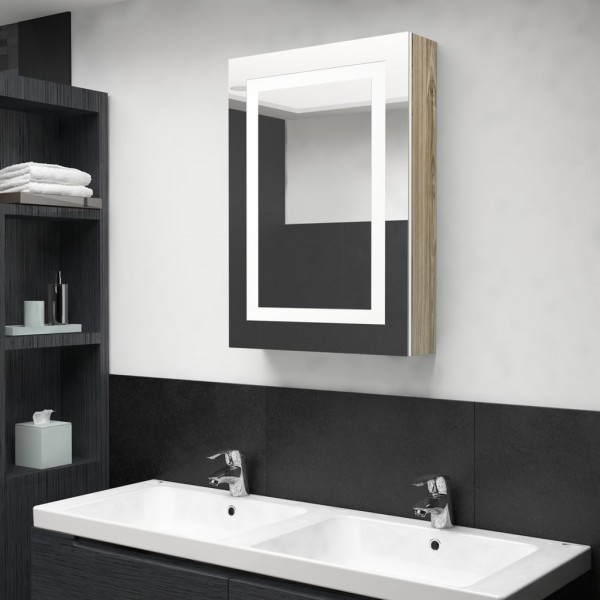 Armario de baño con espejo y LED blanco y roble 50x13x70 cm D
