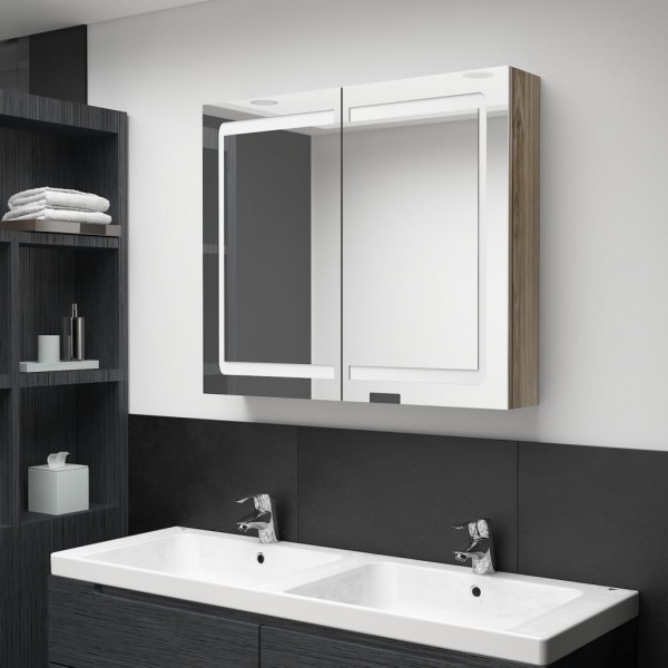 Armario de baño con espejo y LED color roble 80x12x68 cm D