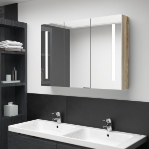 Armario de baño con espejo LED blanco y roble 89x14x62 cm D