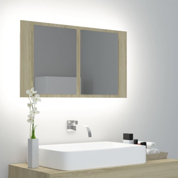 Armario espejo de baño LED acrílico roble Sonoma 80x12x45 cm D