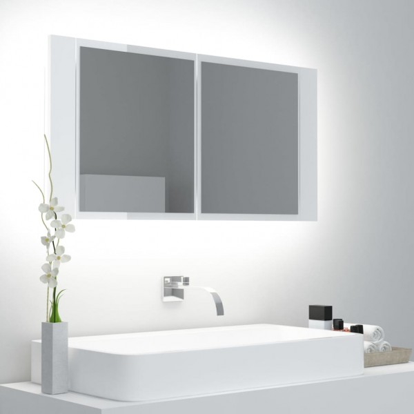 Armário espelho de banho LED acrílico branco brilho 90x12x45 cm D