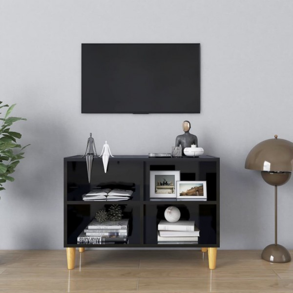 Mueble TV patas de madera maciza negro brillante 69.5x30x50 cm D