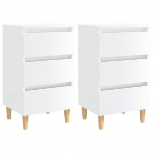 Mesita de noche patas madera 2 uds blanco brillo 40x35x69 cm D