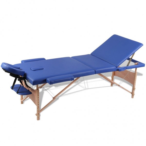 Mesa camilla de masaje de madera plegable de tres cuerpos azules D